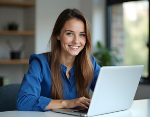 Naklejka premium Young Asian Smiling Business Women with Laptop Looking at Camera. Generative AI