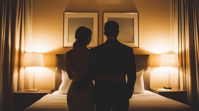 Intimate Embrace in the Dimly Lit Hotel Room
