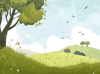 Green Meadow Landscape Illustration with Rolling Hills and Birds Flying