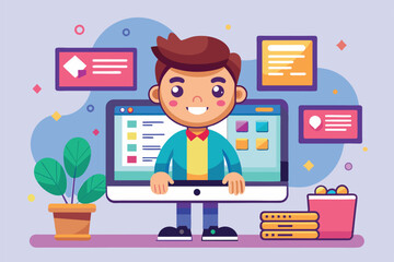 A young boy engages with a computer screen displaying a vibrant ecommerce platform, Ecommerce web page Customizable Cartoon Illustration