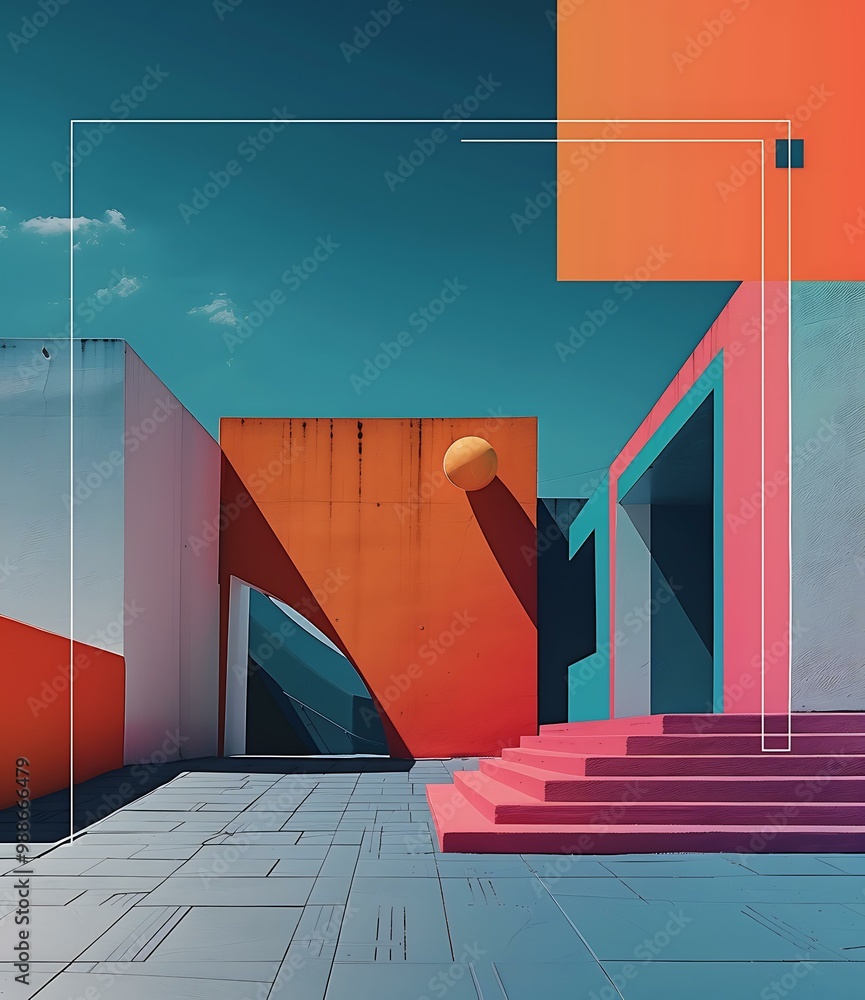 Poster abstract modern architecture with colorful walls and stairs