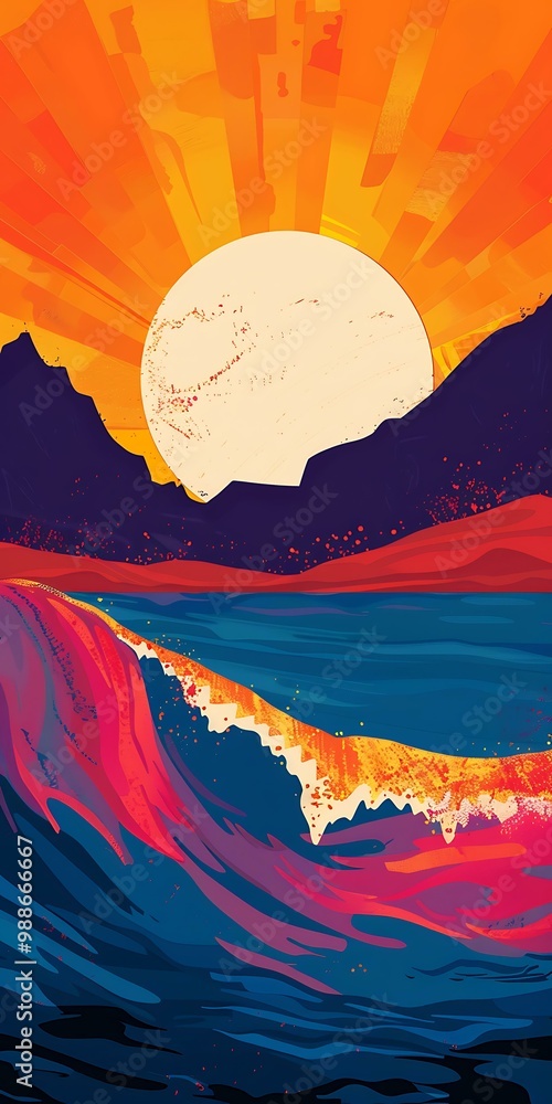 Sticker Sunset Abstract Art with Colorful Waves