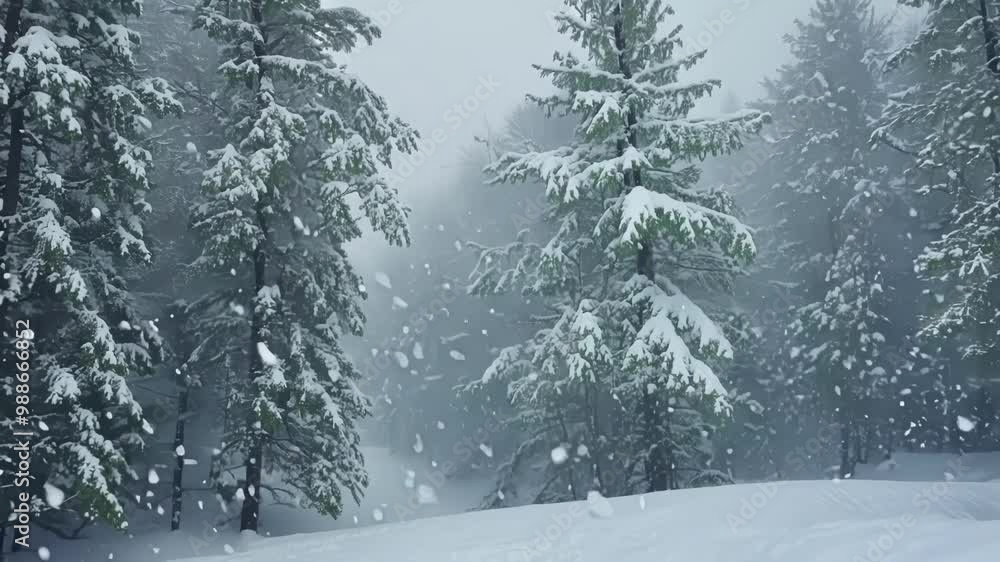 Poster Snow covered evergreen trees dominate a winter scene, their branches heavy with a fresh layer of snow, creating a serene and tranquil atmosphere