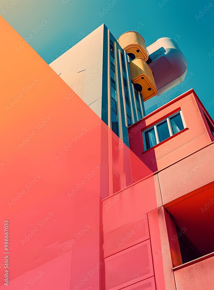 Poster modern architecture building with geometric shapes and vivid colors