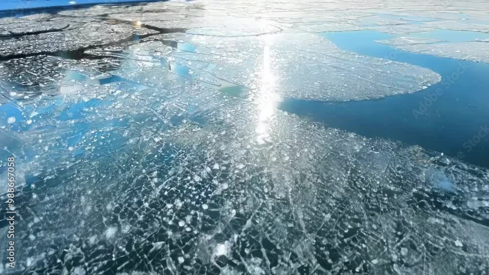 Poster sunlight reflects on frozen lake. creating mesmerizing ice cracks and bubbles. stunning blend of blu
