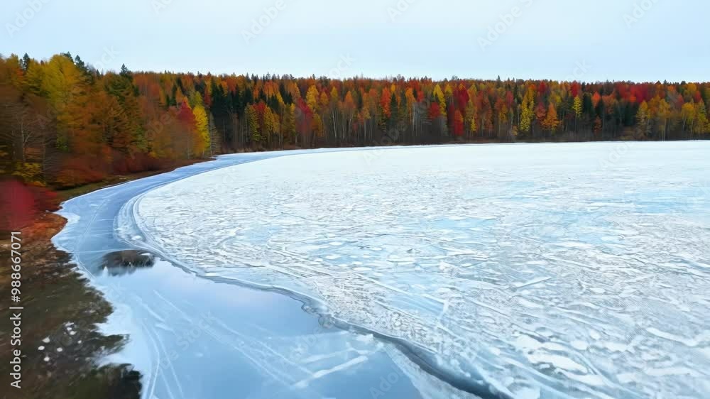 Poster sunlight reflecting on frozen lake, creating patterns on ice, with autumn forest in background. wint