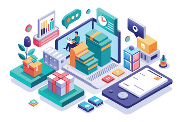 A digital workspace showcasing a customizable ecommerce web page with product stacks and user interaction, Ecommerce web page Customizable Isometric Illustration