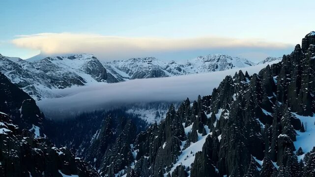 Skiers are pausing on a snowy mountainside, enjoying the view of a valley filled with clouds, surrounded by snowy peaks in the winter