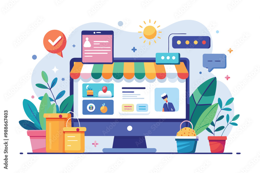 Poster a vibrant ecommerce webpage design featuring interactive elements and lush greenery around it, ecomm