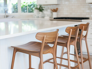 Wooden Stools in White Modern Kitchen