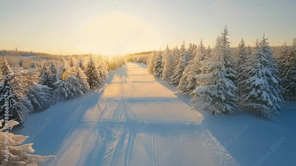 Poster the golden sunlight is gently illuminating a snow covered path and the enchanting forest on this bea