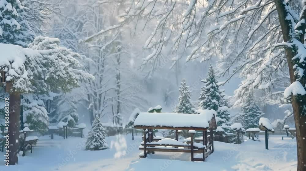 Poster snow is falling on wooden picnic tables in a snowy forest, creating a serene and peaceful winter sce