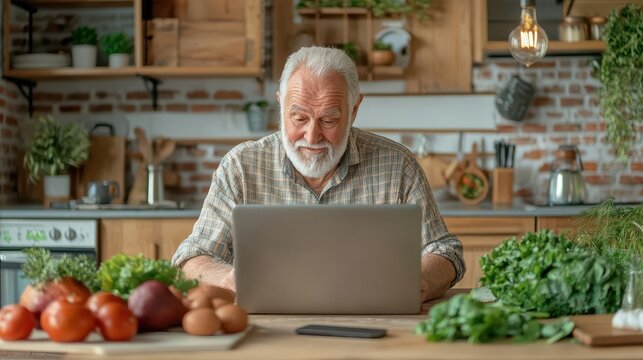 Elderly man participating in a virtual nutrition class, laptop on the kitchen table, online learning, nutrition for seniors