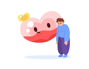 illustration of a man standing gloomy and sad because of love problems. romantic problems. sad boy concept. upset because the feeling of love has decreased. heart symbol. flat style design. elements