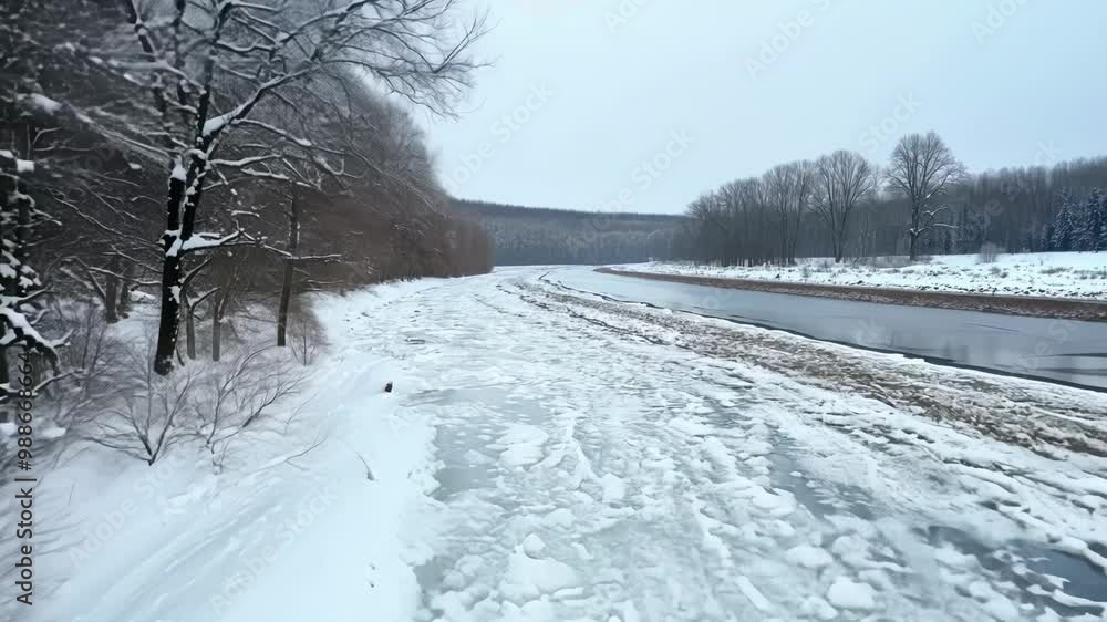Poster the frozen river winds through the snowy forest, creating a serene winter scene with frost covered t