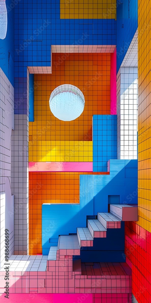 Poster 3d rendering of a colorful room with stairs