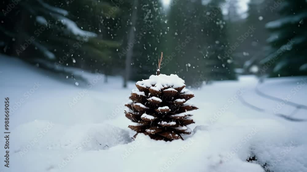 Poster snowy pine cone on a log in a winter forest, creating a serene scene perfect for holiday themes. enj