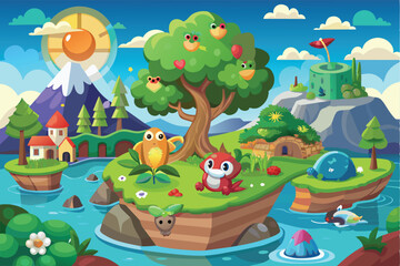 Fototapeta premium Colorful animals enjoy a sunny day in a whimsical cartoon ecosystem filled with plants and water, Ecosystem Customizable Cartoon Illustration