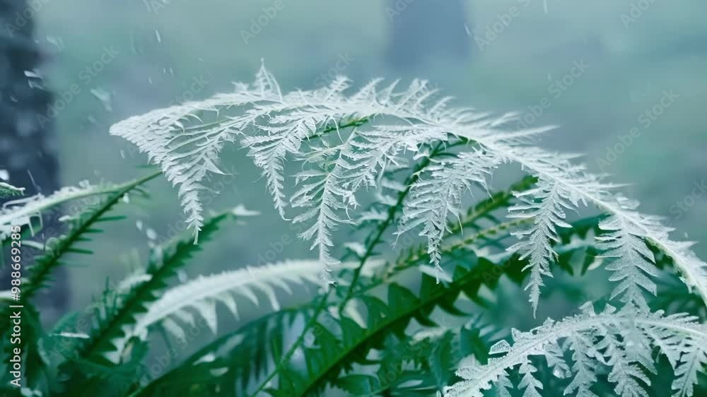 Poster close up of a frozen fern with intricate ice crystals forming on its delicate fronds, creating a bea