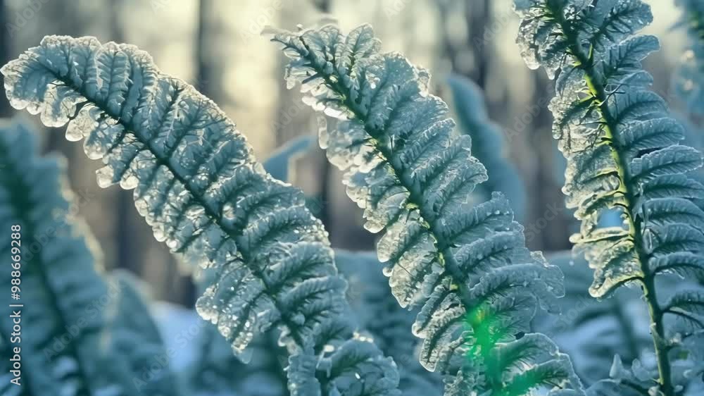 Poster delicate fern leaves are covered in a sparkling layer of ice, catching the warm glow of the winter s