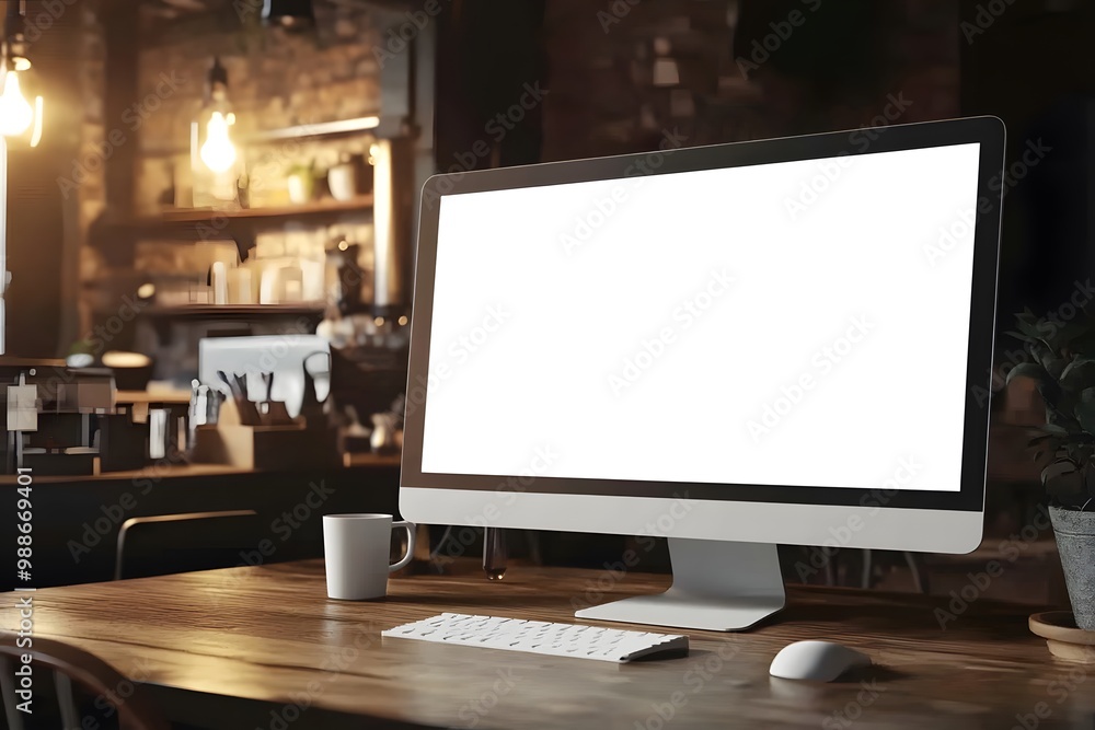 Poster modern workspace with white computer monitor keyboard and mouse on wooden table