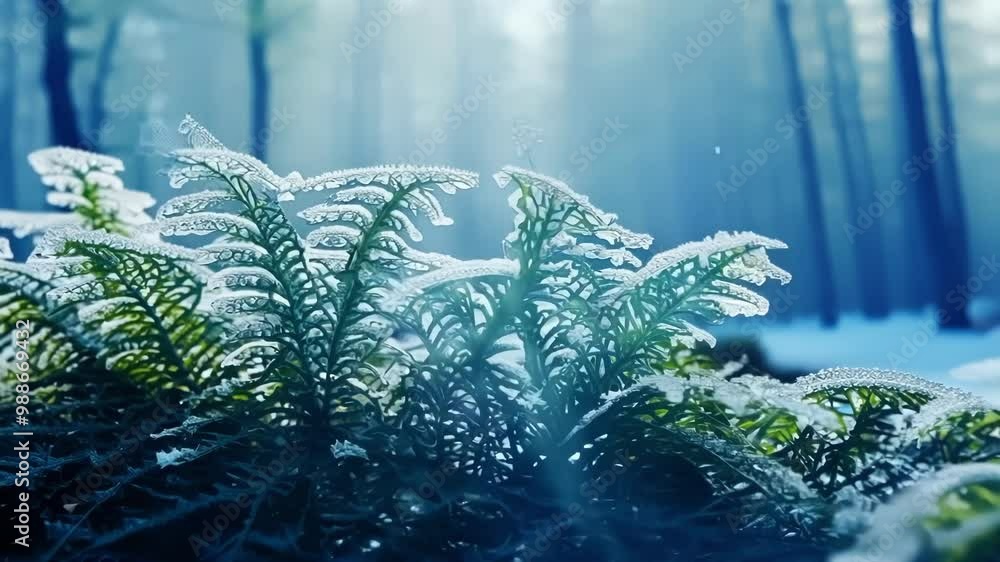 Poster green fern sparkles with ice crystals in a winter forest, with sunlight filtering through snowy bran