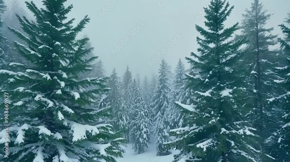 Poster snow covered pine trees in a magical winter forest evoke calm and wonder on a foggy day