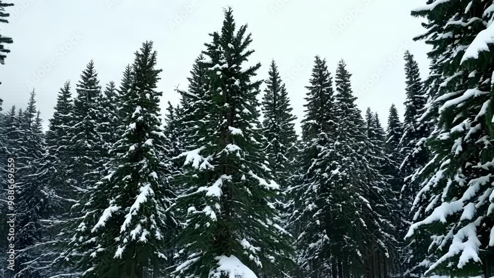 Poster tall evergreen trees covered in fresh snow create a serene and captivating winter scene, showcasing 
