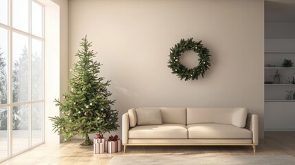 Cozy Christmas Living Room with Decorated Tree and Wreath