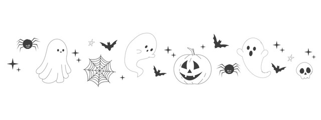 Cute halloween border, line ghost, pumpkin and silhouette bat, spider autumn decoration, Divider frame. Simple greeting.