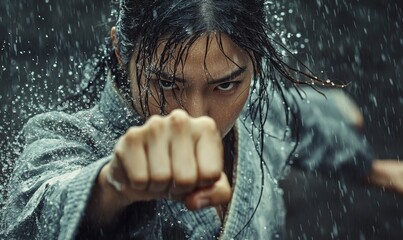 Fototapeta premium Woman in rain, fist clenched, determined look.