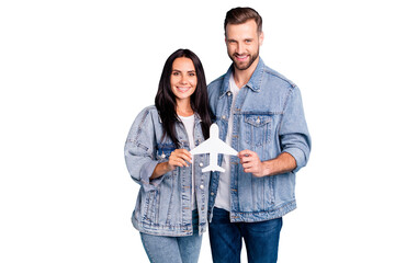 Photo of cute nice charming fascinating couple wearing denim jeans jackets of husband and wife...