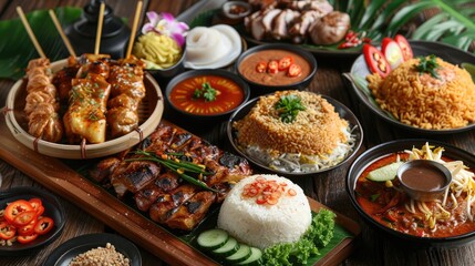 Obraz premium A delicious spread of Southeast Asian cuisine featuring grilled meats, rice dishes, and flavorful sauces.