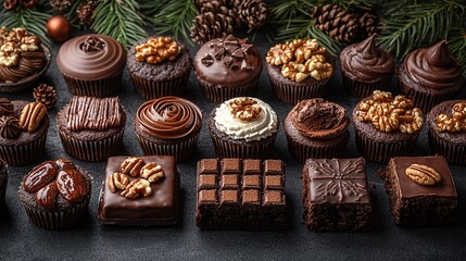 Fototapeta premium A rich assortment of decadent pastries and sweets, perfect for Thanksgiving and Halloween celebrations, evoking a cozy festive atmosphere with elegant presentation.