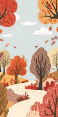 Autumn Forest Path Illustration with Winding Road and Colorful Trees
