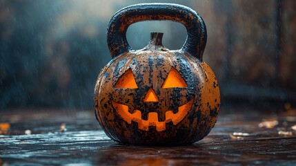 A jack-o'-lantern kettlebell sets a spooky yet festive tone for Halloween workouts, perfect for Thanksgiving and Halloween-themed fitness events.