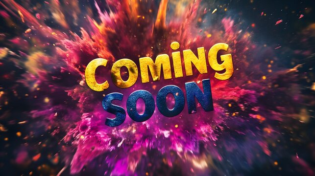 Coming Soon Text with Purple and Gold Explosion