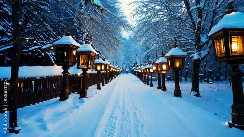 Aufkleber Snowy path is illuminated by lanterns lining the way, creating a magical and enchanting winter scene. The snow covered trees and soft glow from the lanterns evoke a sense of peace and tranquility