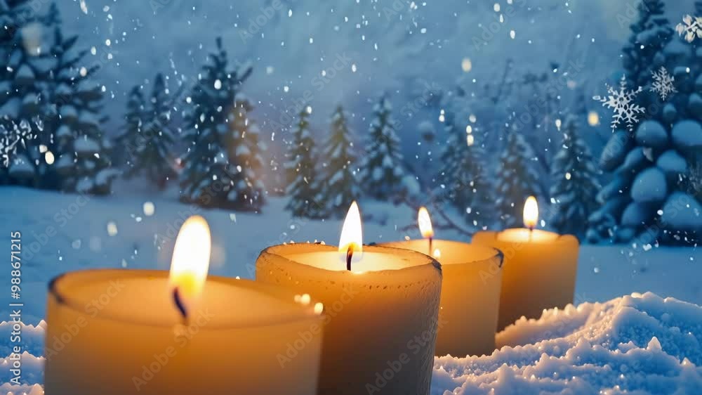 Poster Four candles flicker in the snowy forest at twilight, creating a magical and cozy winter scene