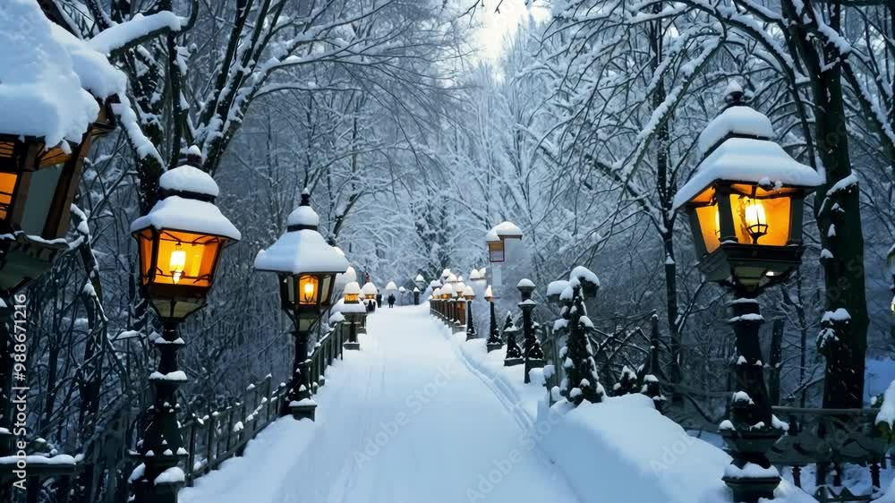Aufkleber Snow covered path leads up a hill at twilight. The path is lit by old fashioned street lamps, casting a warm glow on the snow
