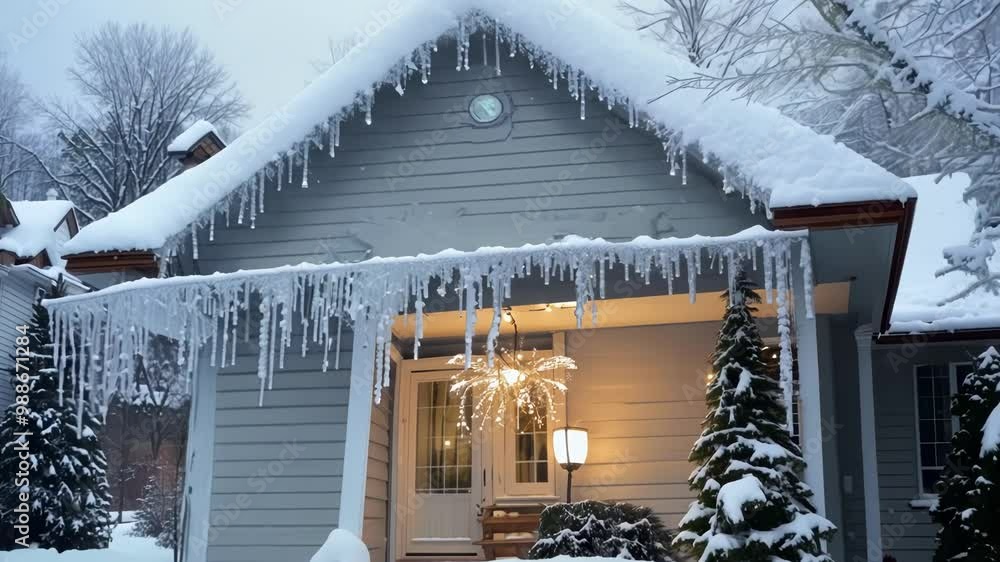 Poster charming wooden house is emanating warmth with its glowing lights on a cold winter evening, surround