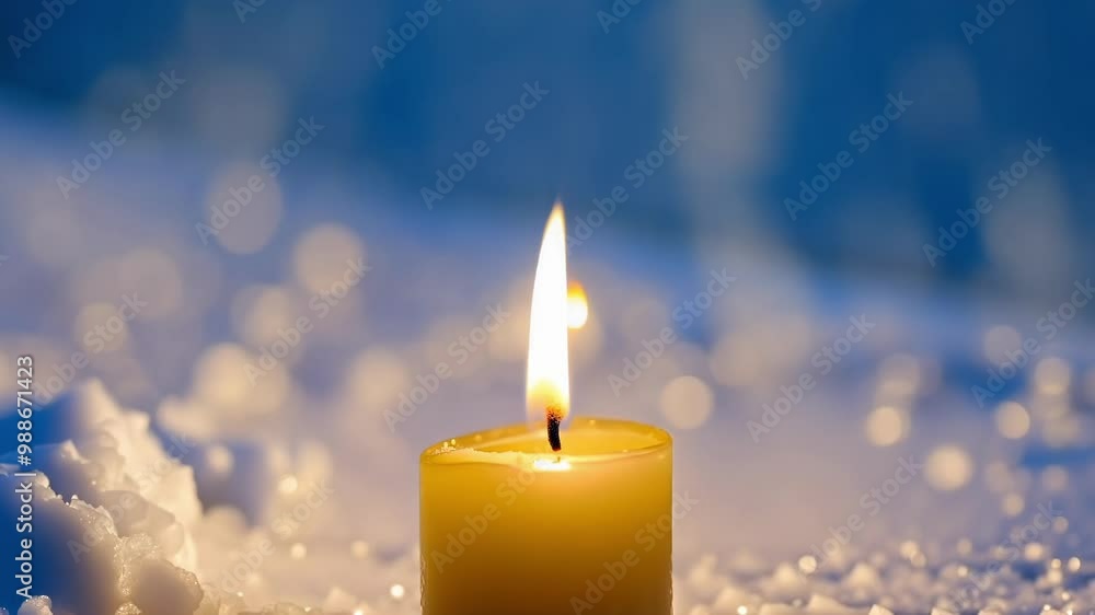 Poster Single candle is burning brightly, providing warmth and light amidst a serene backdrop of snow and a twilight sky. The soft glow of the candle creates a peaceful and contemplative atmosphere