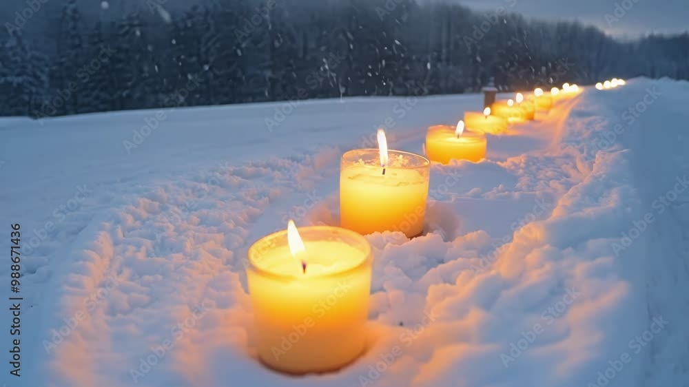 Poster Burning candles on snowy surface with trees in background, creating cozy winter atmosphere