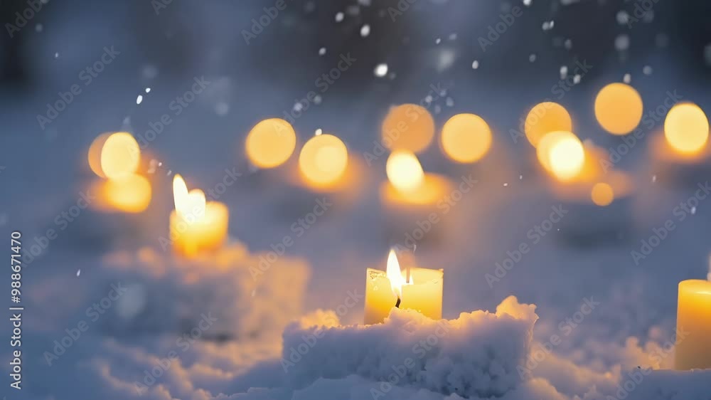 Poster multiple candles are burning in the snow, creating a warm glow and a festive atmosphere