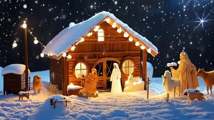 Wooden nativity scene lit by string lights is standing in the snow on a dark winter night with brightly shining stars in the sky