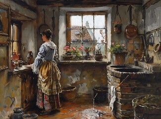 A woman standing in a kitchen and washing dishes
