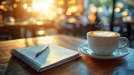 A white coffee cup with a heart design sits on a table next to a notebook