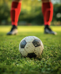 Obraz premium Close-up of a soccer ball on grass with player in the background