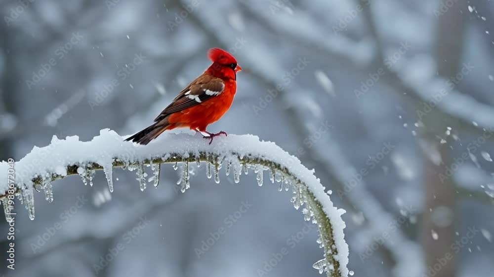 Poster Vibrant male cardinal perched on a snowy branch with icicles in the background, adding color to the winter scene