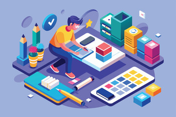 Obraz premium A creative person actively customizes body text within a vibrant workspace filled with various supplies, Editing body text Customizable Isometric Illustration